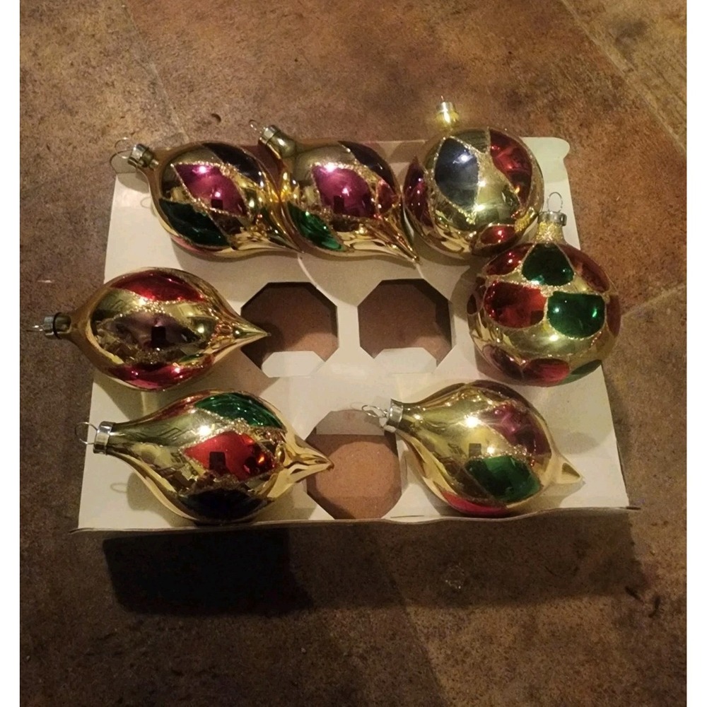 Vintage Lot Of 7 Mercury Glass Harlequin Diamind Pattern Christmas Ornaments